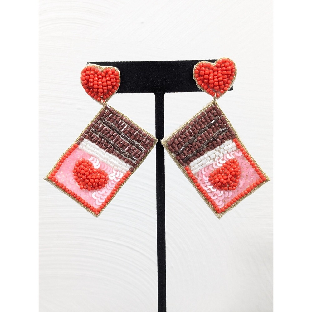 Chocolate Bar Heart Earrings Valentine Beaded Dangle Earrings Kawaii